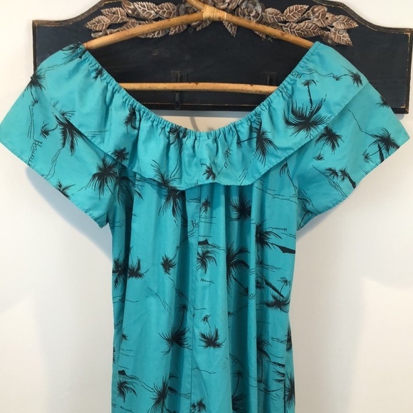 Vintage Hilo Hattie Hawaiian Off Shoulder Teal MuMu Maxi Dress Size Large - Picture 6 of 8